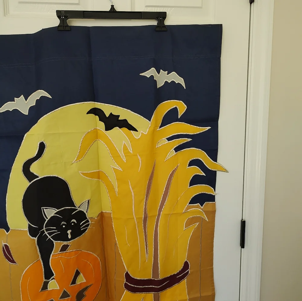 Harvest Moon Black Cat Pumpkin Halloween Yard Flag Navy Blue